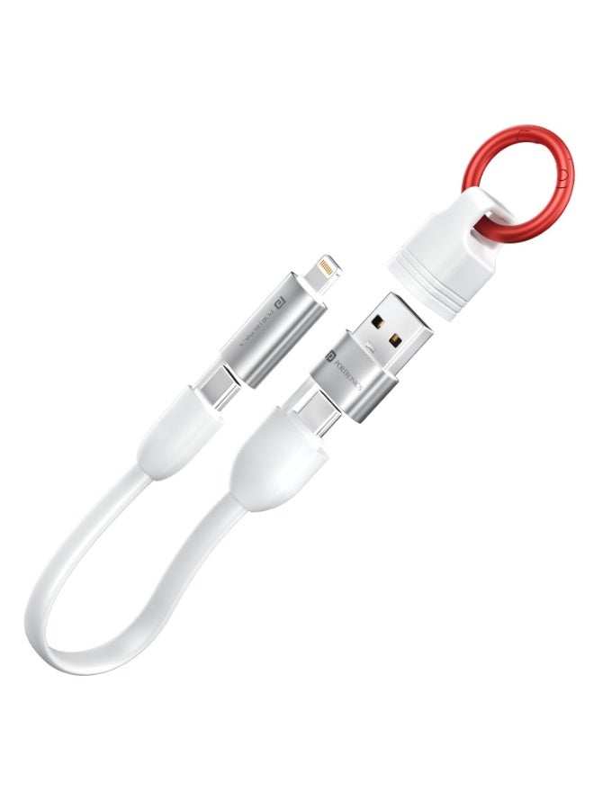بورترونيكس Portronics Keylink 4 in 1 Multifunctional Fast Charging Cable With In Built KeyChain, 25cm Length, Tangle Free Flat Cable, Type C to Type C/Lightening, USB A, Fast Data Sync (White) - Image 1